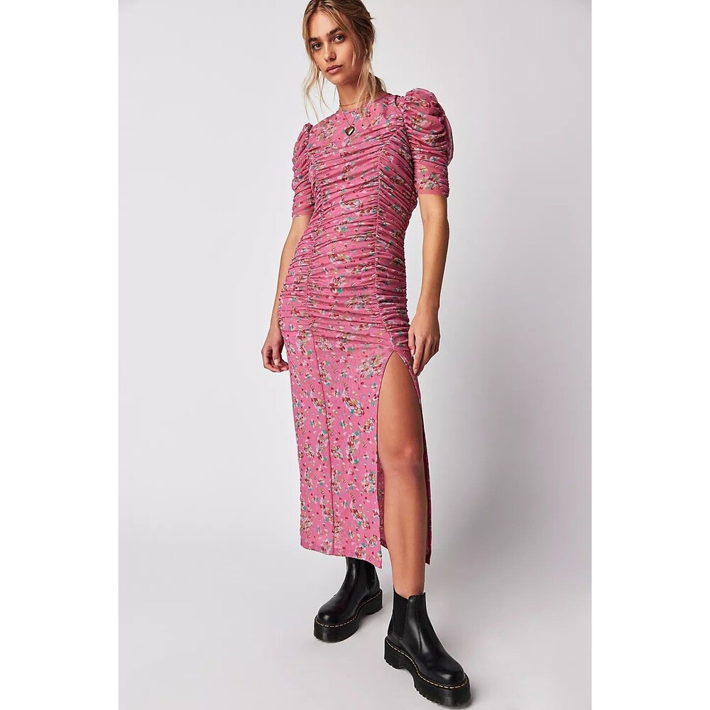 Free People Briella Printed Ruched Midi Bodycon Dress Stretch Pink, Size M